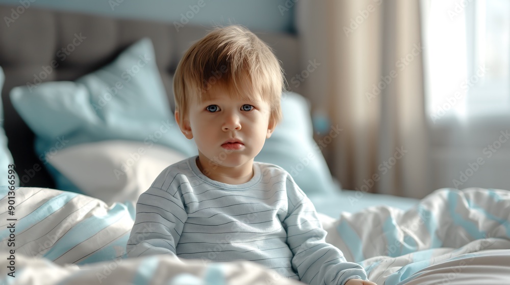 Little boy who wakes up sitting in bed in the morning Expressing dissatisfaction or sleepiness Little boy who wakes up sitting in bed in the morning Expressing dissatisfaction or sleepiness