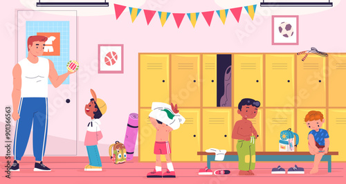 Children locker room. Kids indoor school gym cloakroom, football or basketball sport team young student changing athletic training dressing in lockers, classy vector illustration