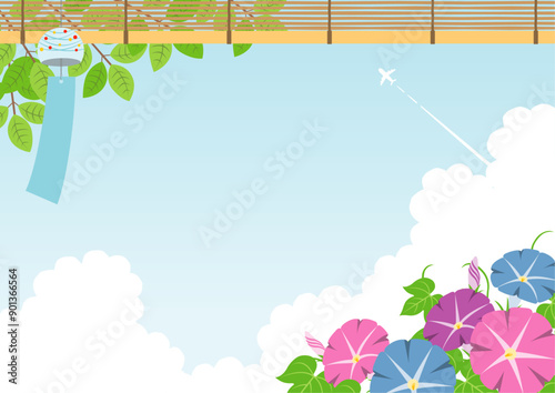夏をイメージした朝顔と飛行機雲の背景_横
