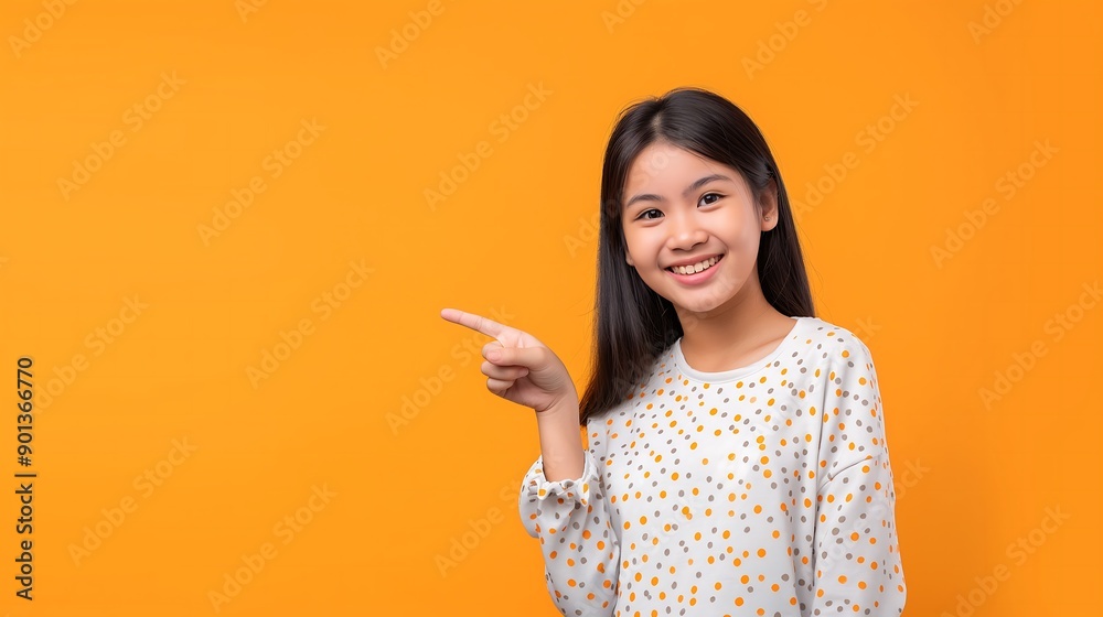 Asian girl standing smiling and pointing her finger to her side, empty space on orange background. Asian girl standing smiling and pointing her finger to her side, empty space on orange background.