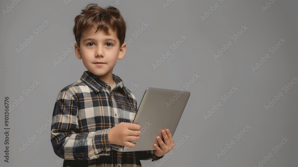 Boy holding modern education laptop on grey background Boy holding modern education laptop on grey background