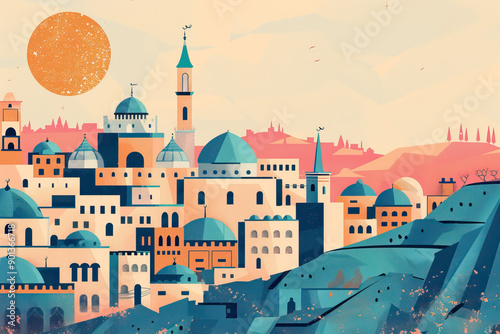 Wallpaper Mural Risograph vintage riso print travel poster, card, wallpaper or banner illustration, modern, isolated, clear, simple of Al-Quwaysimah, Jordan. Artistic, screen printing, stencil Torontodigital.ca