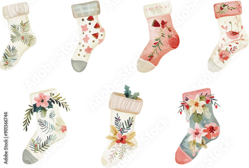 Christmas Socks, a collection of different Christmas socks isolated on a white background.