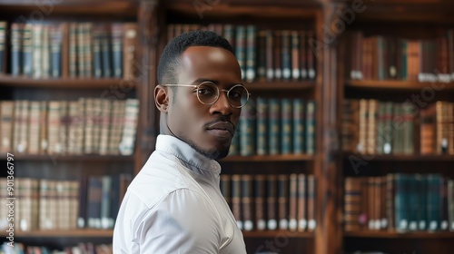 Confident young man with glasses and white shirt standing in a traditional library setting filled with books.