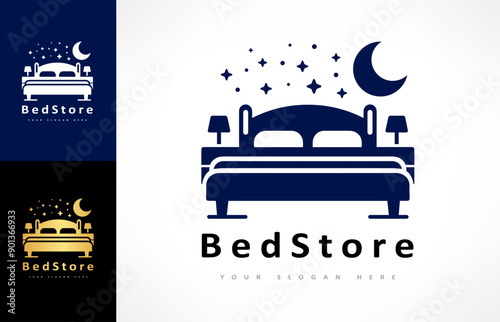 Bed store logo. Bed with pillows, stars and the moon logo vector design. The night sky.