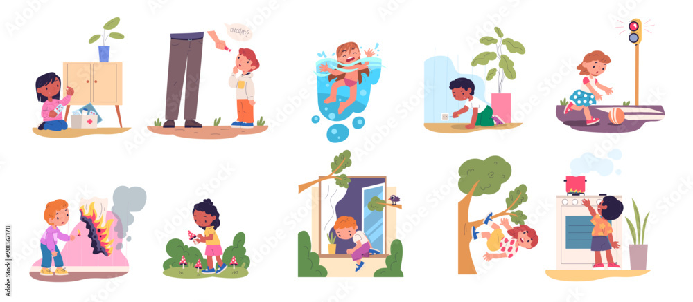 Children dangerous situation. Child bad behavior home alone, kids playing unsafe object curiosity toddler electricity danger accident action safety risk, classy vector illustration Children dangerous situation. Child bad behavior home alone, kids playing unsafe object curiosity toddler electricity danger accident action safety risk, classy vector illustration