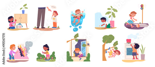 Children dangerous situation. Child bad behavior home alone, kids playing unsafe object curiosity toddler electricity danger accident action safety risk, classy vector illustration