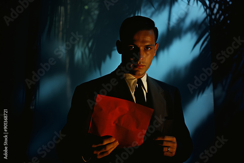 Covert Secret Agent Holding Classified Document, Cinematic Scene from Retro Spy Thriller Film photo