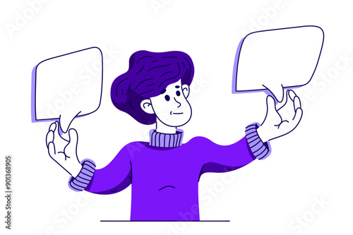 Young man choosing between two options, vector illustration of a person with two empty speech bubbles for you to put in your words or images.