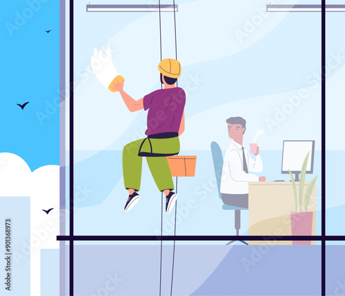 Industrial alpinists clean window. Climber cleaner worker hanging height on safety cable wash windows skyscraper facade office building, cleaning service classy vector illustration