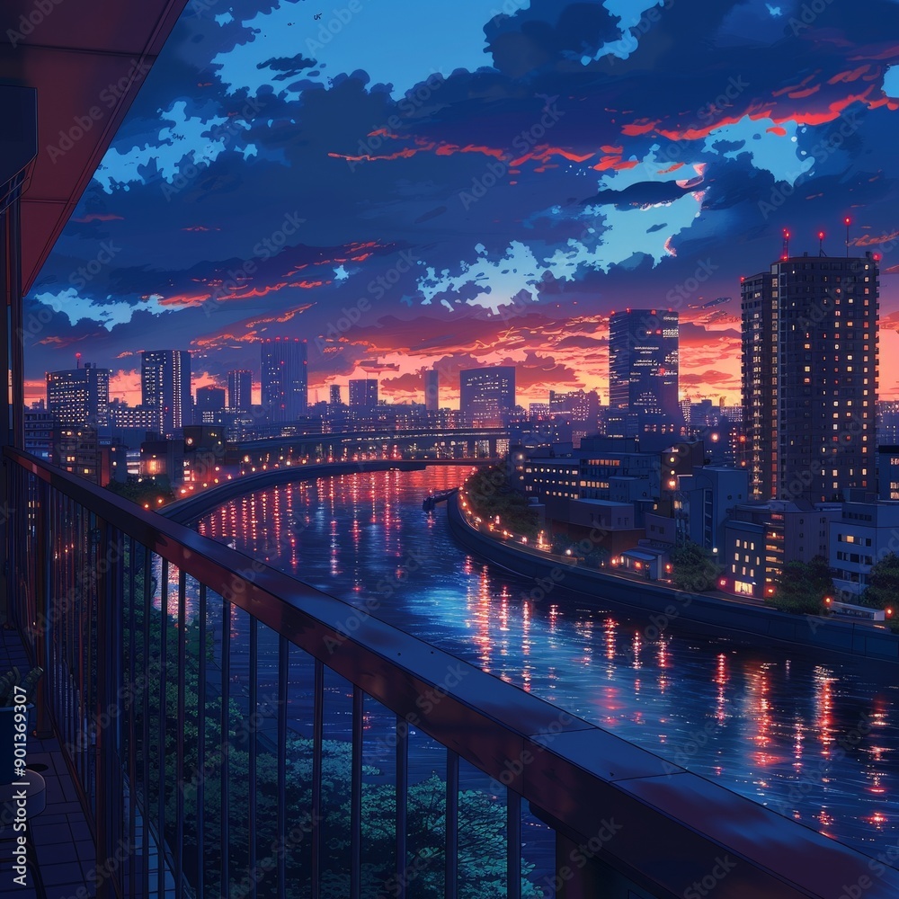 Fototapeta premium Twilight Cityscape View from Anime Style Balcony