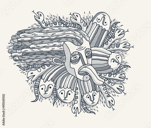 Abstract face vector art, illustration of face stylized artistic style, human abstraction art, surreal and bizarre portrait.