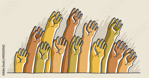Raised hands vector illustration, voting arms, concert live party show crowd, a lot of people shows palm gesture, community concept, help aid volunteer.