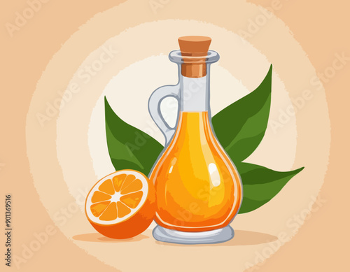 Dropping essential sweet orange oil glass bottle with orange fruit and leaves natural face body beauty remedies concept 