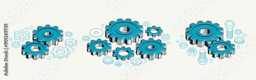 Mechanical engineering concept, gears and cogs composition isometric 3D vector illustration, cogwheels system technology and technics machinery engine.
