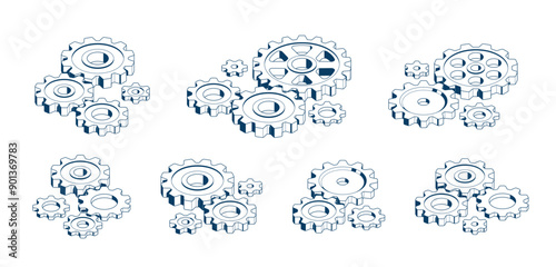 Industry and manufacturing concept set, gears and cogs composition isometric 3D vector illustration, cogwheels system technology and technics machinery engine.
