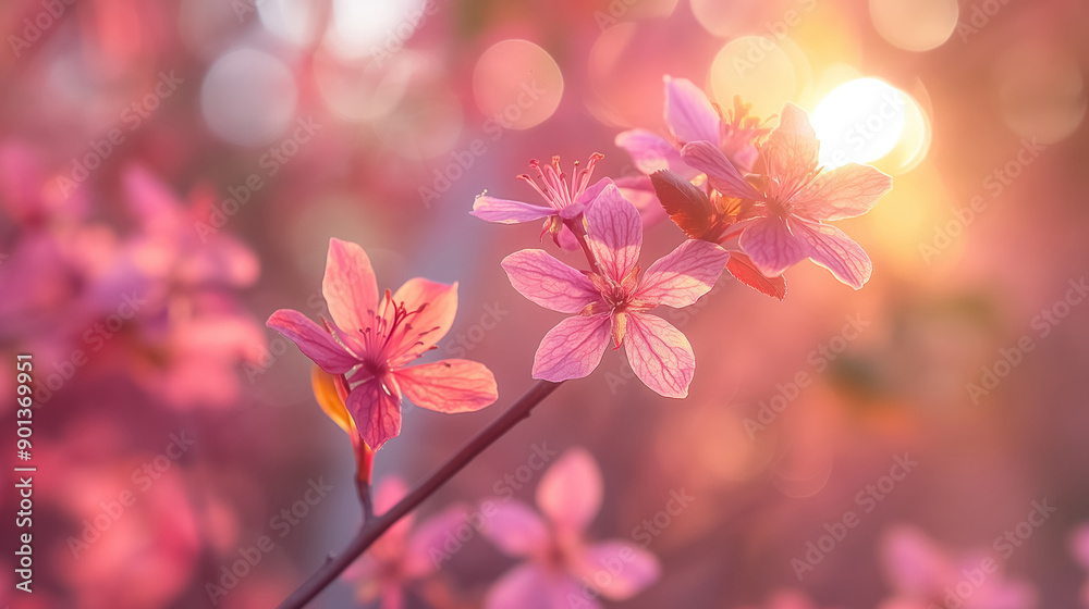 Delicate pink flowers blooming on a branch with a soft, glowing background, creating a serene and beautiful scene that captures the essence of springtime. Delicate pink flowers blooming on a branch with a soft, glowing background, creating a serene and beautiful scene that captures the essence of springtime.