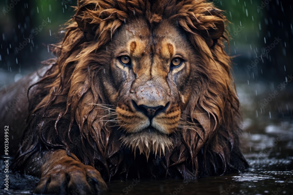 Naklejka premium The majestic king of the jungle: a powerful lion in the serene rain, captured in a close-up portrait of untamed wildlife beauty