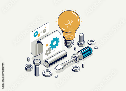 Engineering idea concept, innovation, invention and solution concept, light bulb vector 3D isometric illustration, mechanical engine works.