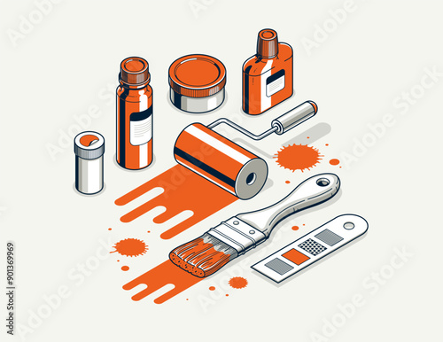 Artist decorator concept, 3D vector brush and splatters metaphor of interior decoration, or facade exterior art mural, interior designer work.