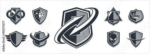 Classic shields shapes set with different additional elements vector symbols set, defense and safety icons, ammo emblems collection.