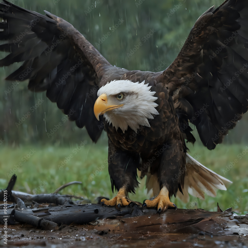 Obraz premium a bald eagle standing on a log in the rain