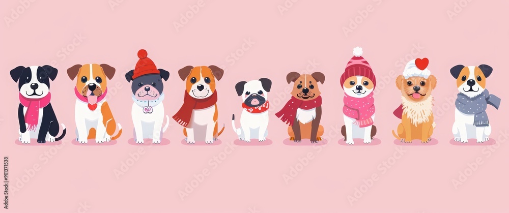 A set of cute cartoon dogs in various poses, wearing colorful and accessories like scarves or hats with hearts on them. pink background, love hearts, flowers, candy A set of cute cartoon dogs in various poses, wearing colorful and accessories like scarves or hats with hearts on them. pink background, love hearts, flowers, candy