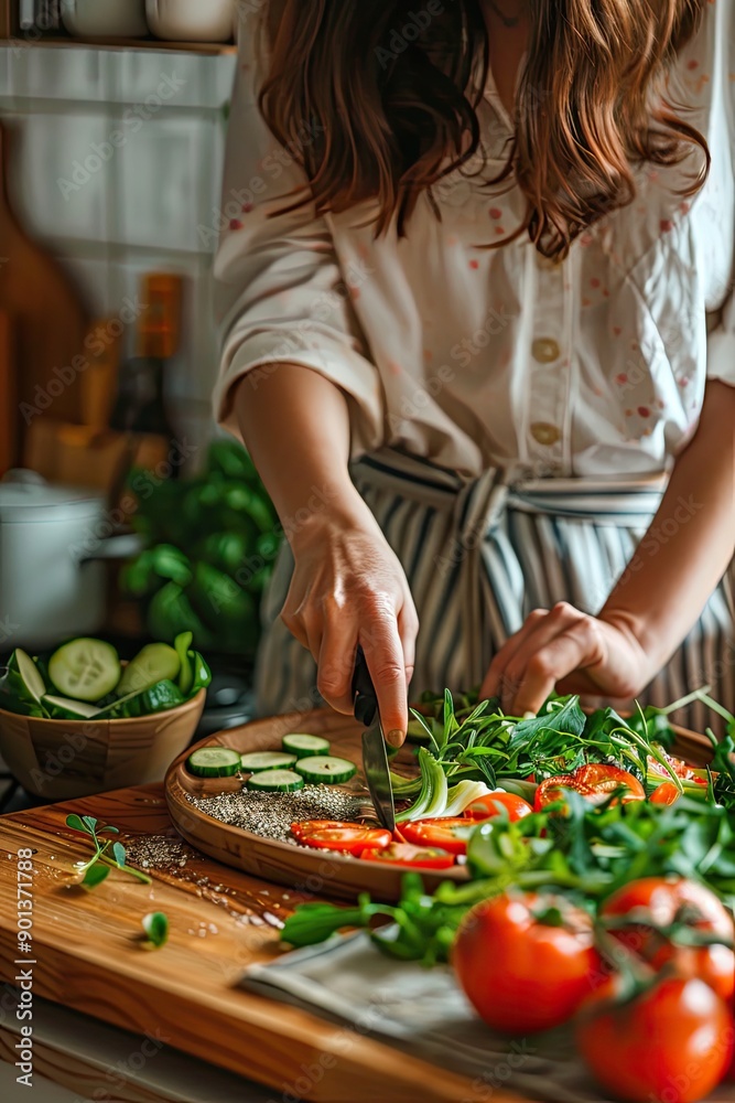 close-up of a woman cutting vegetables in the kitchen. Selective focus close-up of a woman cutting vegetables in the kitchen. Selective focus
