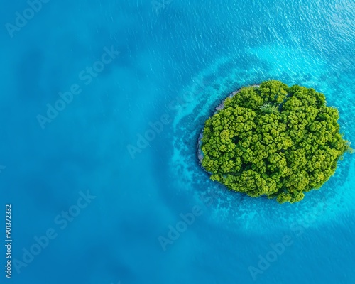 Tacksharp drone photo of a small island, coral reef visible underwater, tropical paradise, photo