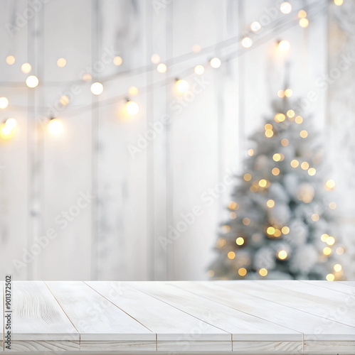 Empty woooden table top with blurred  christmas tree, string light, white wooden wall, bokeh background white gold colors. Display of advertise product mockup, template. Greeting card with copy space