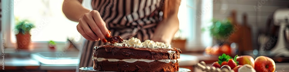 a woman is preparing a chocolate cake in the kitchen. Selective focus a woman is preparing a chocolate cake in the kitchen. Selective focus