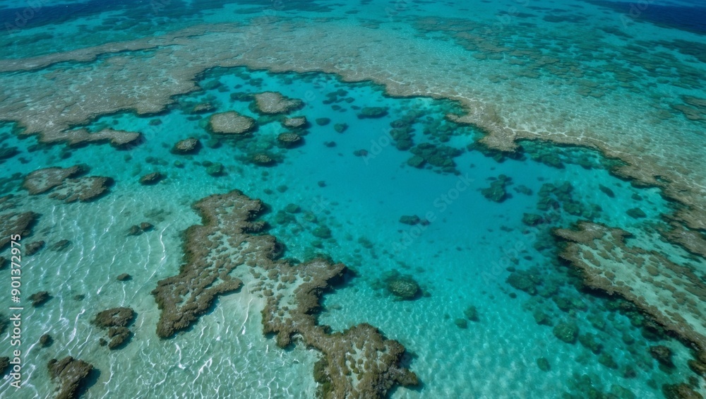 Aerial view of intricate coral reef patterns in shallow sea Aerial view of intricate coral reef patterns in shallow sea