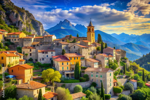 Oil painting Mediterranean landscape on canvas art. Small town on the France on mountains.