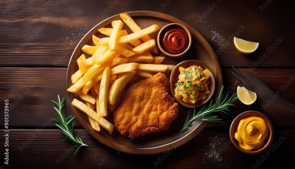 breaded cutlet, cotoletta alla milanese with fries on a brown wooden table breaded cutlet, cotoletta alla milanese with fries on a brown wooden table