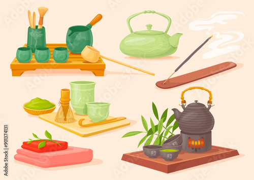 Asian tea ceremony. Japanese chinese oriental tradition elements, hot oolong pottery mug pot ceramic teapot herbal product serving zen japan china culture, neat vector illustration