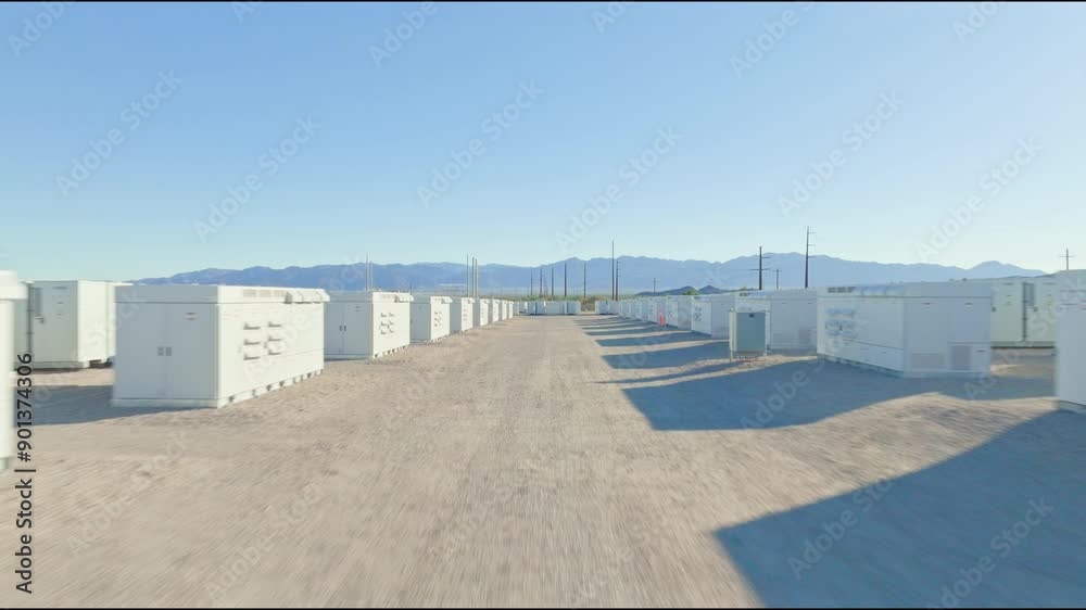 Drone flying through rows of storage units at desert facility surrounded by mountainous landscape Drone flying through rows of storage units at desert facility surrounded by mountainous landscape