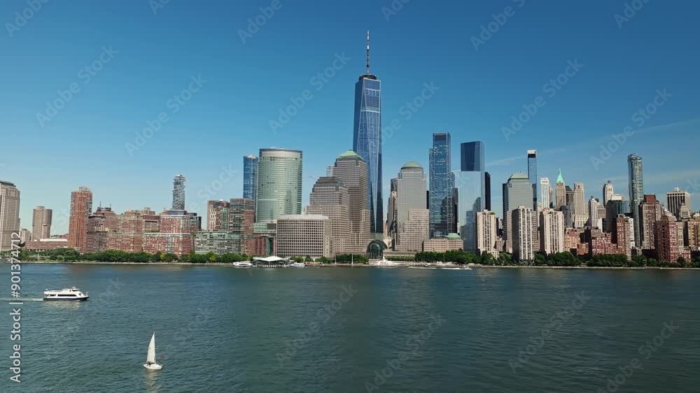 Aerial dolly above sailboat and ferry in Hudson River with towering iconic skyscrapers looking down on water Aerial dolly above sailboat and ferry in Hudson River with towering iconic skyscrapers looking down on water