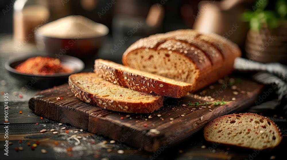Sliced loaf of bread on a wooden board, showcasing sesame seeds and a cozy kitchen background, perfect for food lovers.