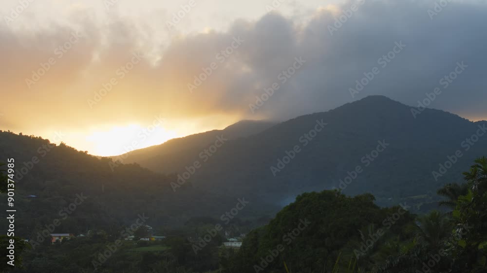 Timelapse Sunset Over Mountain Range In The Village Of Antilles, France, Guadeloupe (French West Indies), Timelapse Sunset Over Mountain Range In The Village Of Antilles, France, Guadeloupe (French West Indies),