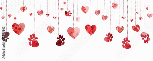 International Dog Day. A cute Valentine's Day card design with heart-shaped dog paws hanging from strings on a white background