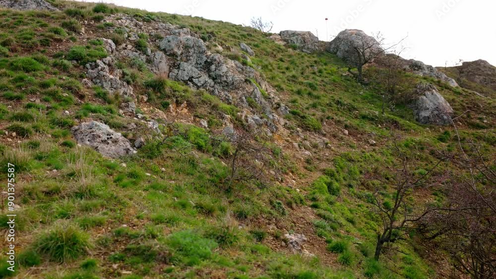 Rugged Terrain Of A Grassy Mountain Hike Trails. Handheld Shot Rugged Terrain Of A Grassy Mountain Hike Trails. Handheld Shot