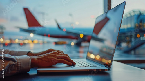 A programmer works on a laptop computer while waiting for his flight at the airport with an airplane in the background. Concept of work and travel.