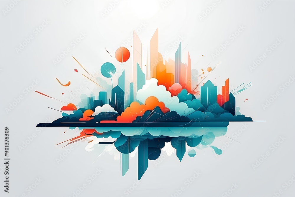 Fototapeta premium Vibrant Metropolis Dreamscape: Abstract Cityscape Reflecting Upon Itself