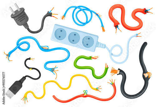 Broken cables. Damaged electric wire, torn copper cable connection cord insulation problem electrical current energy power danger voltage circuit hazard, neat vector illustration