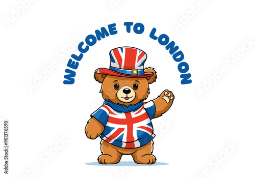 Photography Vector cute cartoon kind plush bear Teddy waving paw, in shirt and hat with UK flag