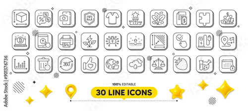 Strawberry, Outsource work and Rainy weather line icons pack. 3d design elements. Security lock, Phone photo, Spinach web icon. Puzzle, Chemistry lab, Clean skin pictogram. Vector