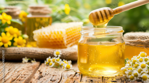 A jar of honey is poured into a glass jar