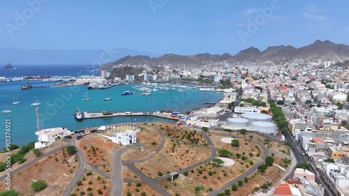 Aerial View of Mindelo, Port City on Sao Vicente Island, Cape Verde, Drone Shot photo