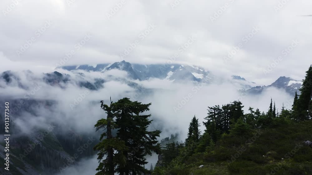 Timelapse of clouds rushing in and gathering above forest obscuring mountain valley below Timelapse of clouds rushing in and gathering above forest obscuring mountain valley below