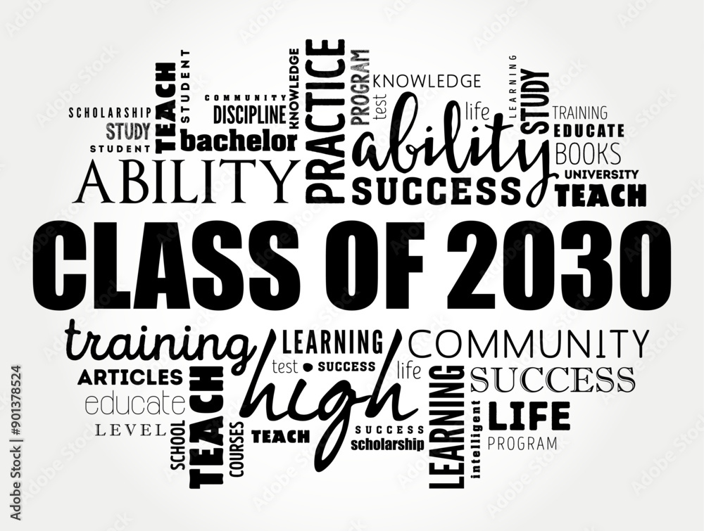Class of 2030 - the group of students who graduated from high school or college in the year 2030, word cloud concept background Class of 2030 - the group of students who graduated from high school or college in the year 2030, word cloud concept background